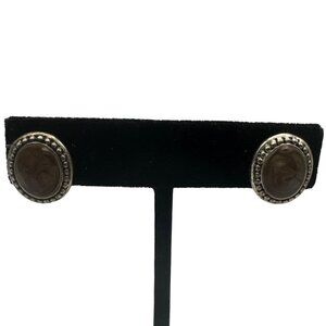 Vintage Oval Silver Tone Earrings With Brown Stone Southwest Rustic